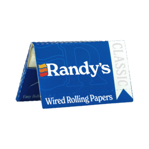 Randy’s Classic Wired Rolling Papers in blue packaging, shown partially open to reveal internal fold and branding.
