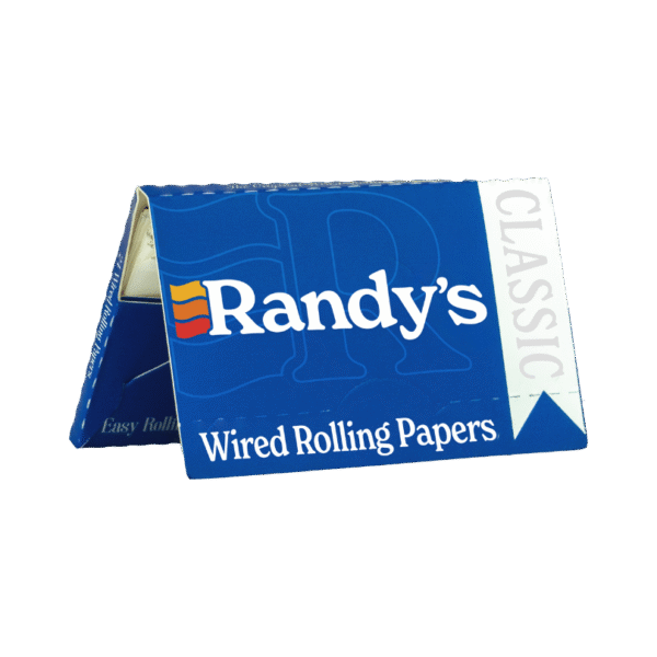 Randy’s Classic Wired Rolling Papers in blue packaging, shown partially open to reveal internal fold and branding.