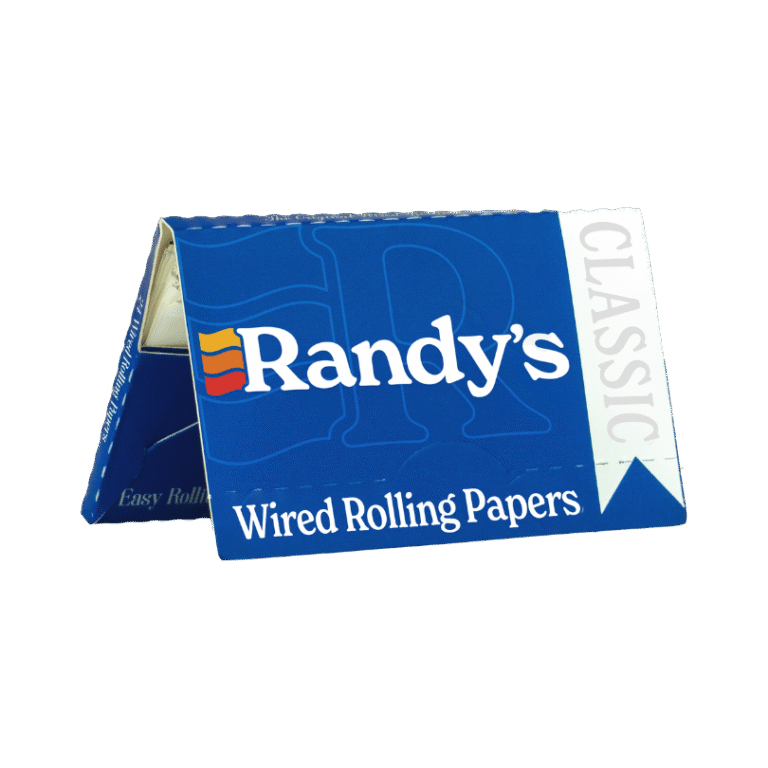 Randy’s Classic Wired Rolling Papers in blue packaging, shown partially open to reveal internal fold and branding.