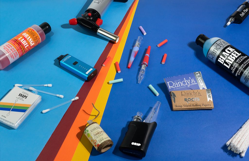 Randy's products laid out across a colored background