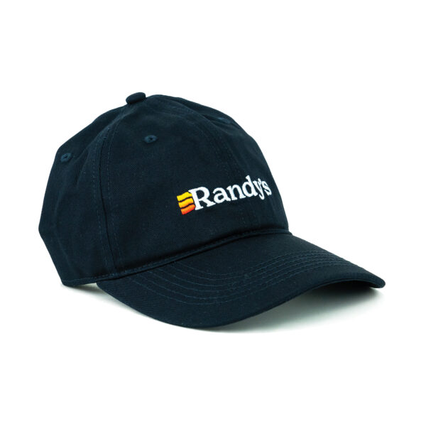 Black adjustable dad hat featuring an embroidered Randy's logo in white with orange and yellow stripe detail."