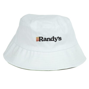 Randy’s reversible bucket hat with a sleek white solid color and embroidered Randy’s logo, offering a versatile and stylish look.