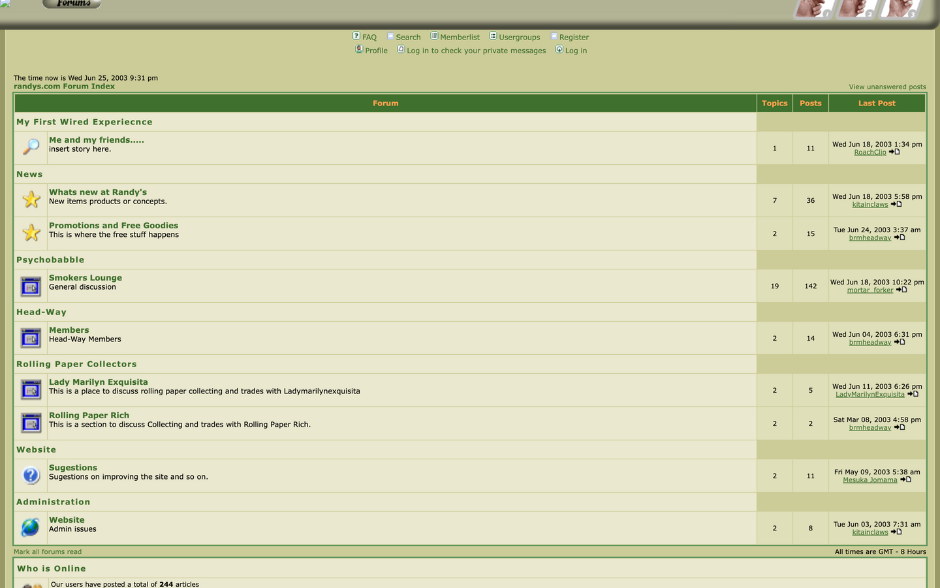 A vintage screenshot of Randy’s online forum from 2003, showcasing categories like “Smokers Lounge,” “Rolling Paper Collectors,” and user threads, where Randy’s community once connected and shared experiences.