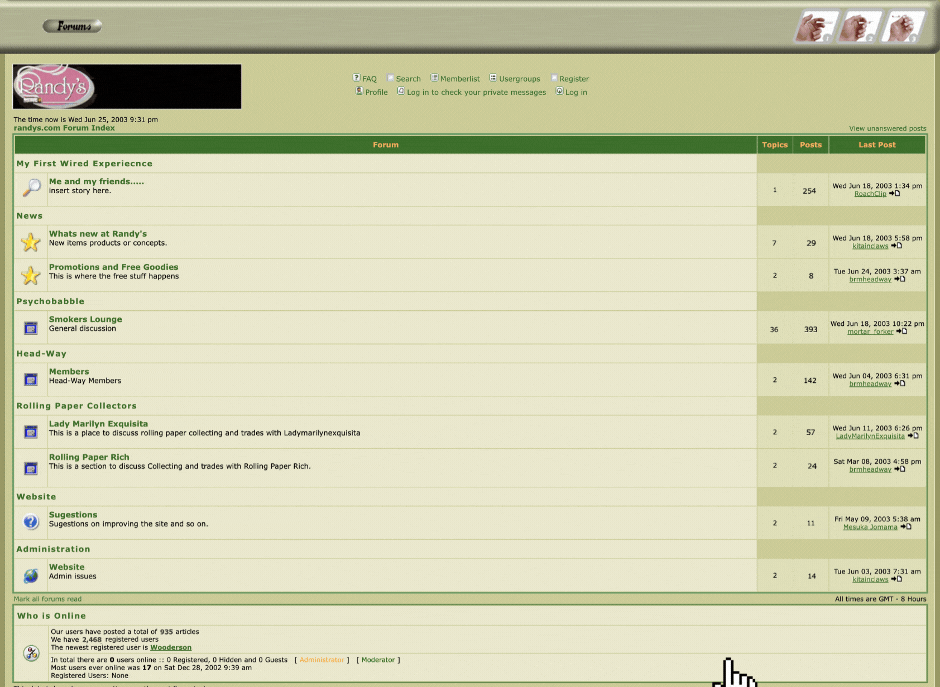 A vintage screenshot of Randy’s online forum from 2003, showcasing categories like “Smokers Lounge,” “Rolling Paper Collectors,” and user threads, where Randy’s community once connected and shared experiences.