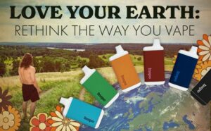 A retro-inspired promotional image for Randy's Inspo vape line, featuring the tagline "LOVE YOUR EARTH: RETHINK THE WAY YOU VAPE." A shirtless person stands on a grassy hillside overlooking a lush green valley, evoking a natural and eco-conscious vibe. Below, several colorful Inspo vape devices are displayed against a stylized Earth illustration, surrounded by vintage floral patterns, reinforcing a connection to nature and sustainability.