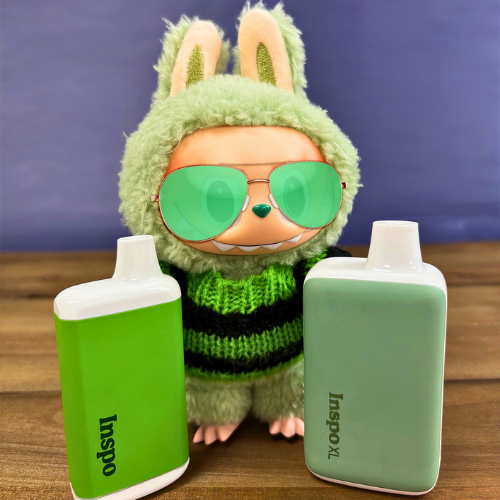 Labubu toy wearing green sunglasses and a striped sweater, standing between two quality smoking accessories: Randy’s Inspo vaporizers (Inspo and Inspo XL) on a wooden surface.